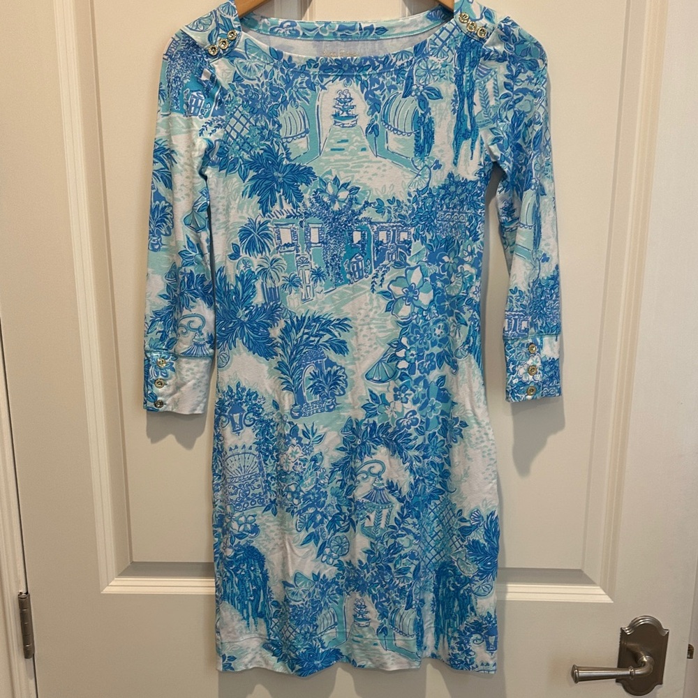 Lilly Pulitzer Blue and White Printed Long-Sleeve Dress